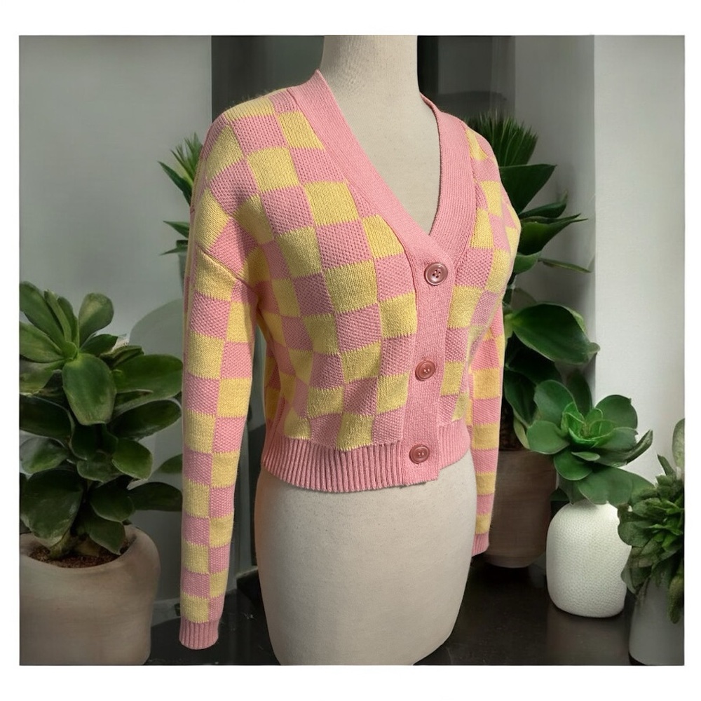 English Factory Cropped Checkered Cardigan Pink Yellow Knit Women’s Size XS‎ EUC